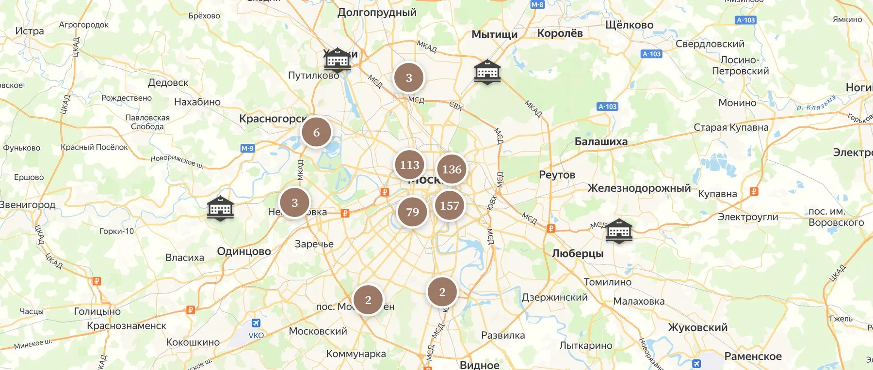 Карта центра Москвы с объектами подборки